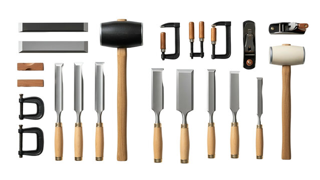 Collection of carpentry tools, including mallets, chisels, clamps, and planers on black background - Powered by Adobe