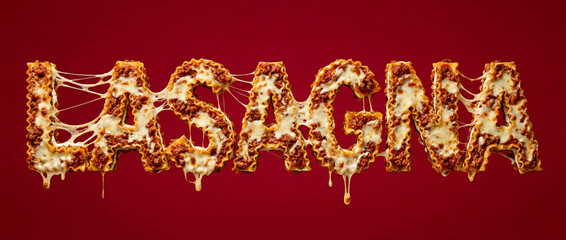 Word LASAGNA Made of Cooked Pasta, Meat and Melted Cheese. Creative Food Typography on Red Background