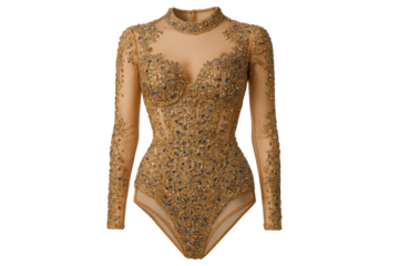 Elegant gold and blue sequined bodysuit isolated on a transparent background