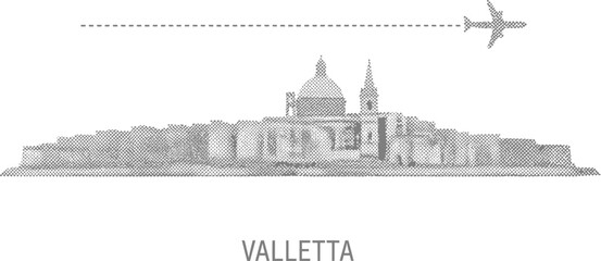 Fototapeta premium Valletta Malta Skyline Travel Halftone Illustration with Airplane Route