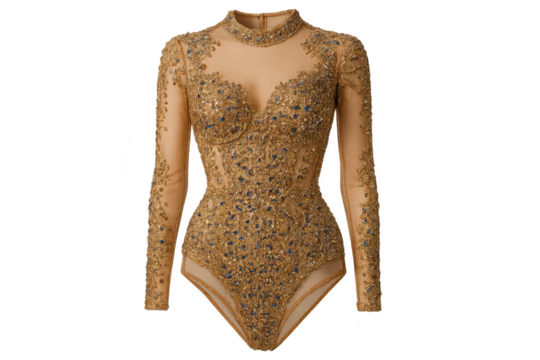 Elegant gold and blue sequined bodysuit isolated on a transparent background