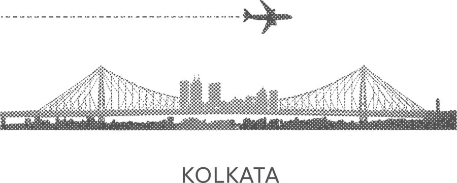 Kolkata India Halftone City Skyline and Howrah Bridge Travel Graphic