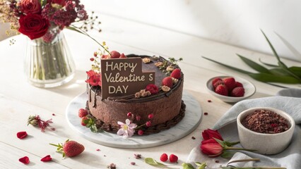Elegant Chocolate Cake for Valentine's Day Celebration with Roses and Raspberries