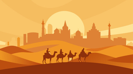 Caravan crossing desert with city view © ROKEY