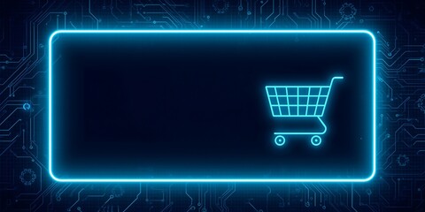 Neon Glowing Digital Shopping Cart Icon on Technology Background