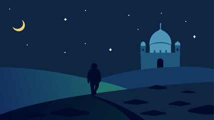 Person walking toward mosque at night © ROKEY