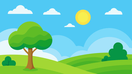 Fototapeta premium Cartoon landscape with tree and clouds
