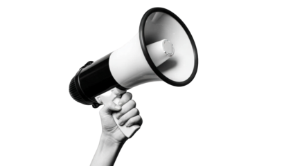 A grayscale hand holding a megaphone