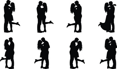 Illustration of silhouette of couples in love set of romantic silhouettes of people hugging and kissing vector illustration of love and romancesilhouette, couple, love, hug, kiss, romance, romantic, p