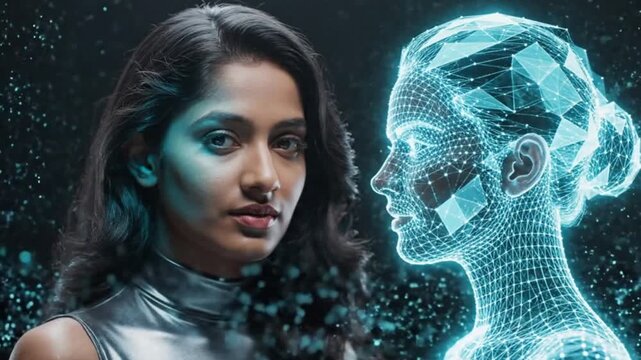 Portrait of Human Face Mirrored by Holographic Twin with Polygons and Glowing Digital Wires