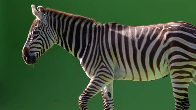 Close-up of zebra walking with black and white stripes on green screen background for chroma key compositing, wildlife animal footage