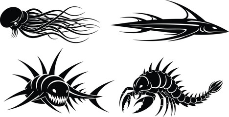 Illustration of a collection of four stylized black and white illustrations featuring unique aquatic creatures each design showcases a distinct, fantastical sea animal