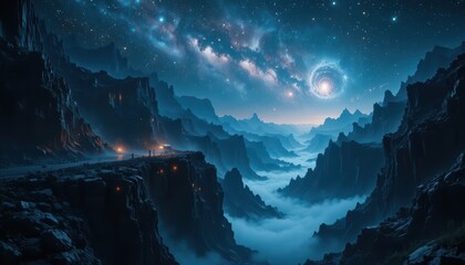 Cosmic Vortex Over a Misty Valley Between Jagged Alien Mountains
