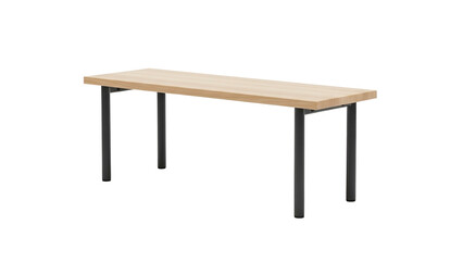 Rectangular light wood table with four black cylindrical legs, isolated on black background