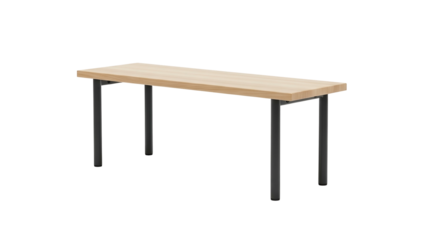 Rectangular light wood table with four black cylindrical legs, isolated on black background