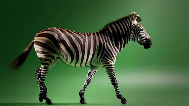 African zebra walking side profile on bright green screen background for video compositing