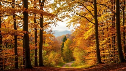 Autumn forest path with vibrant orange and yellow foliage trees leaves