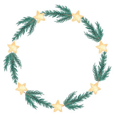 Watercolor festive Christmas wreath with stars