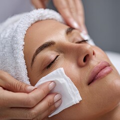 A woman with visibly blemished skin receives a treatment at a beauty salon. The professional beautician removes the impurities with cosmetic wipes