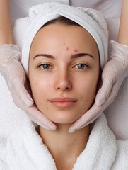 a lady client's face in a beauty spa. The client's facial skin has visible blackheads