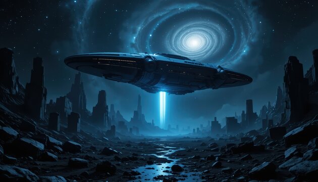 UFO Hovering Over a Ruined City With a Brilliant Cosmic Swirl - Powered by Adobe