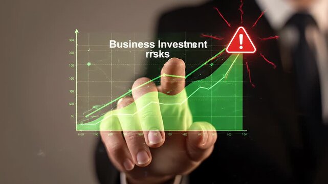 Hand Pointing at Rising Green Graph with a Red Warning Triangle on a Gray Background Indicating Business Investment Risks Highlighting Financial Data