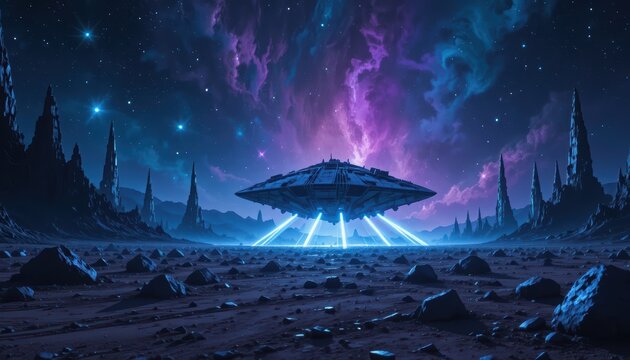 Alien Spaceship Landing on a Desolate Planet Under a Purple Nebula Sky
