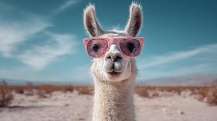 Obraz premium Llama wearing pink sunglasses in dry desert landscape