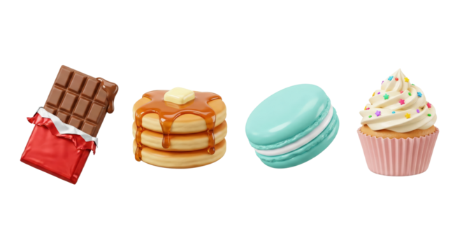 Delicious assortment of sweet treats featuring pancakes, chocolate, macaron and cupcake