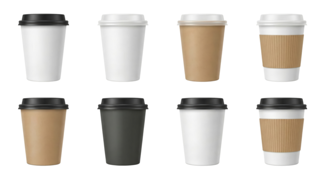 Assortment of disposable coffee cups in varying colors and design optionsisolated