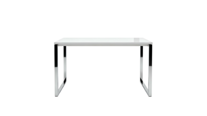 A minimalist desk with a white top and metal legs against a stark black background