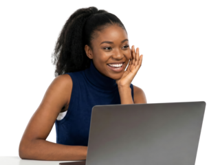 Enthusiastic young woman engaging with online content on her laptop with isolated design