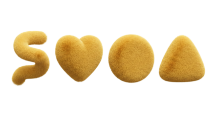 Abstract golden plush forms: letter S, heart, circle and triangle on transparent space