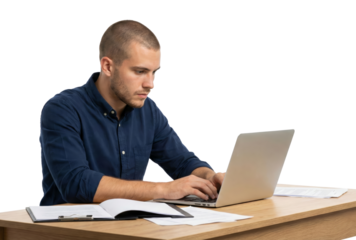 Focused young professional working diligently at his desk with a modern laptop against transparent