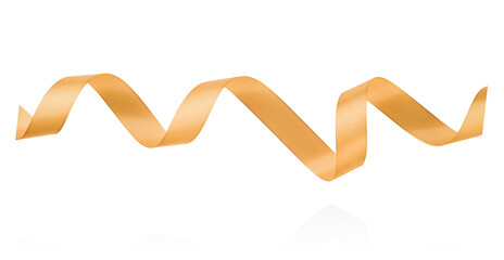 Gold satin ribbon forming elegant wave like curves isolated on white background with clipping path. Design element Christmas gift wrapping, festive decorations, Valentines Day, weddings, birthdays.