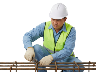 Focused construction worker securing rebar on-site with protective gear and a dedicated