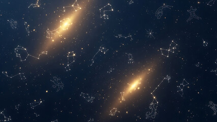 Celestial constellations illuminated on a night sky background with golden light