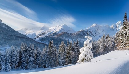 Fototapeta premium Snowy Landscape With Trees In Mountains In Winter