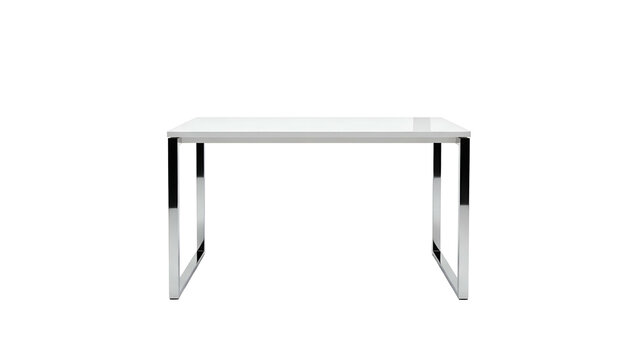 A minimalist desk with a white top and metal legs against a stark black background