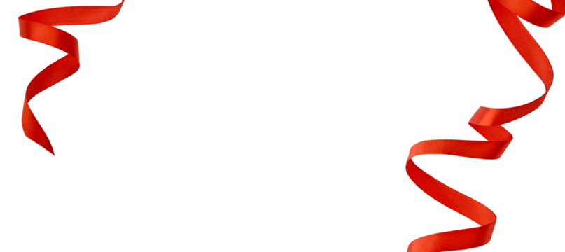 Red satin ribbon forming elegant wave like curves isolated on white background with clipping path. Design element Christmas gift wrapping, Valentines Day, weddings, birthdays. Banner.