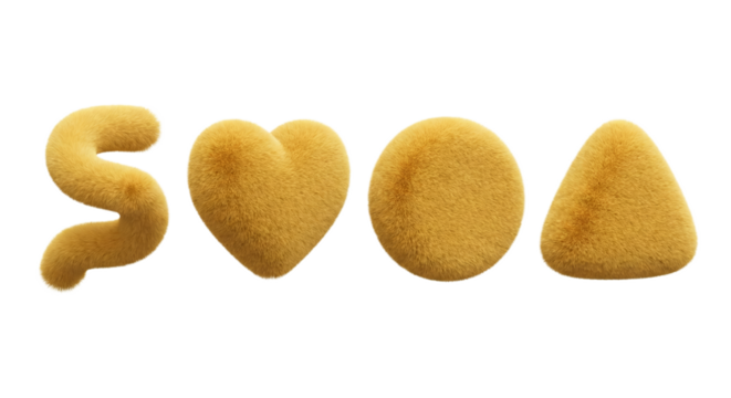 Abstract golden plush forms: letter S, heart, circle and triangle on transparent space
