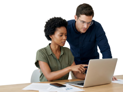 Diverse professionals collaborating on a project, using a laptop, discussing strategy, with