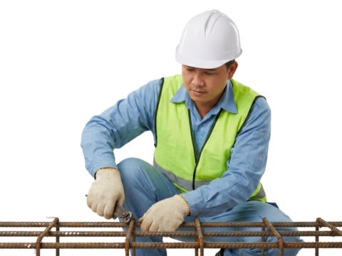 Focused construction worker securing rebar on-site with protective gear and a dedicated