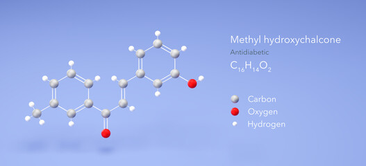 methyl hydroxychalcone molecule, molecular structure, antidiabetic agent 3d model, Structural Chemical Formula and Atoms with Color Coding