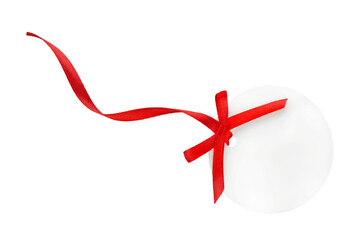 Blank white tag with with red border, red ribbon and red bow hanging isolated on white background with clipping path. Holiday Sale Concept. Design element.