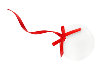 Blank white tag with with red border, red ribbon and red bow hanging isolated on white background with clipping path. Holiday Sale Concept. Design element.
