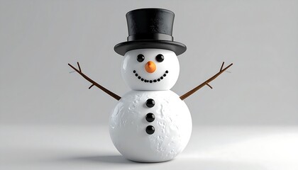 Cheerful snowman with a top hat, carrot nose, and twig arms standing against a plain background