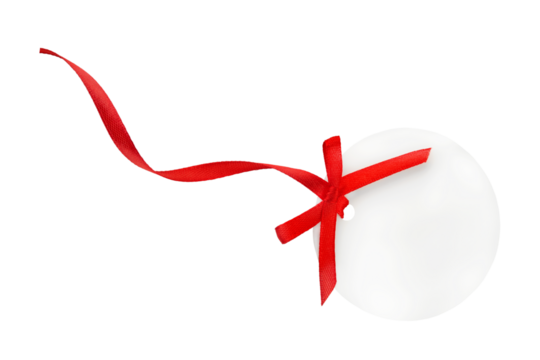 Blank white tag with with red border, red ribbon and red bow hanging isolated on white background with clipping path. Holiday Sale Concept. Design element.