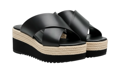 Black leather platform sandals with criss-cross straps, natural rope detail