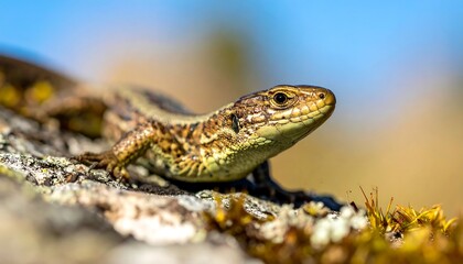 Fototapeta premium Brown-patterned lizard rests on a textured rock, bathed in sunlight against a bright blue sky